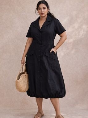 Lou Lou Black ButtonFront Shirt Dress Size 16 Minimalist Collared Cotton Stretch